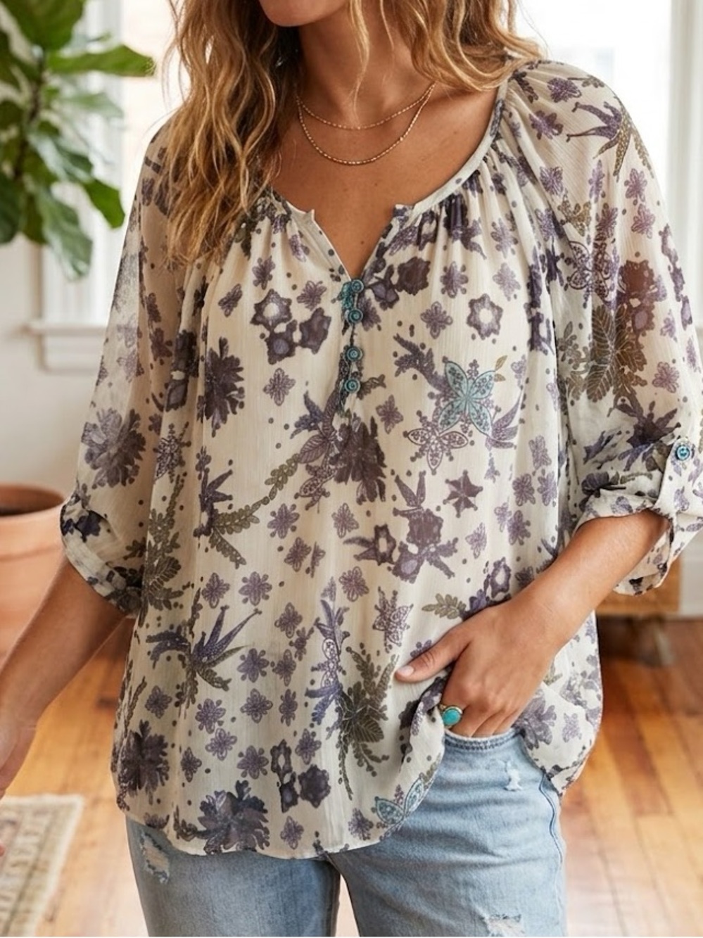 Willow & Clay sheer cottagecore print blouse
